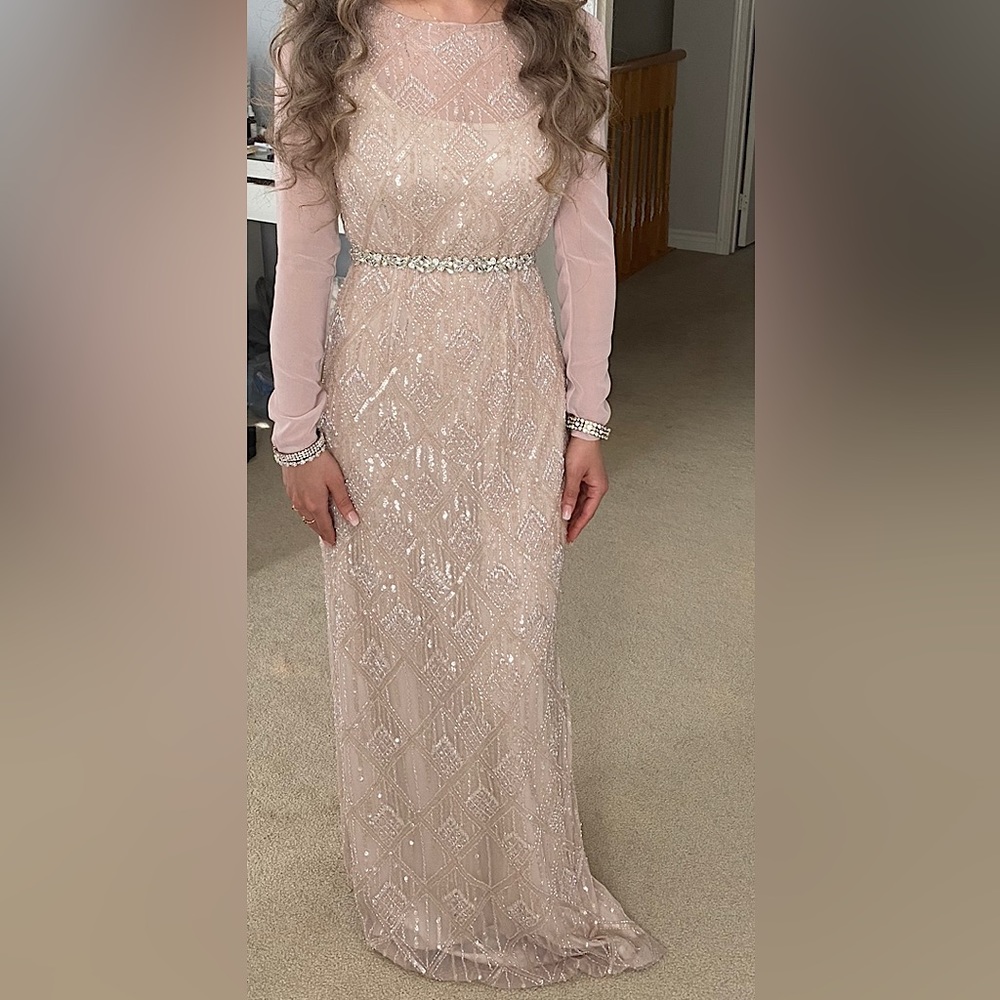 Heavily beaded geometric nude dress